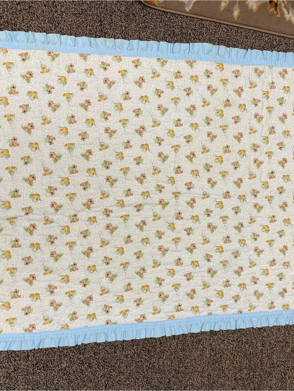 Vintage 1980s Whimsical Pastel Baby Crib Quilt - Duck Bear Giraffe Bunny